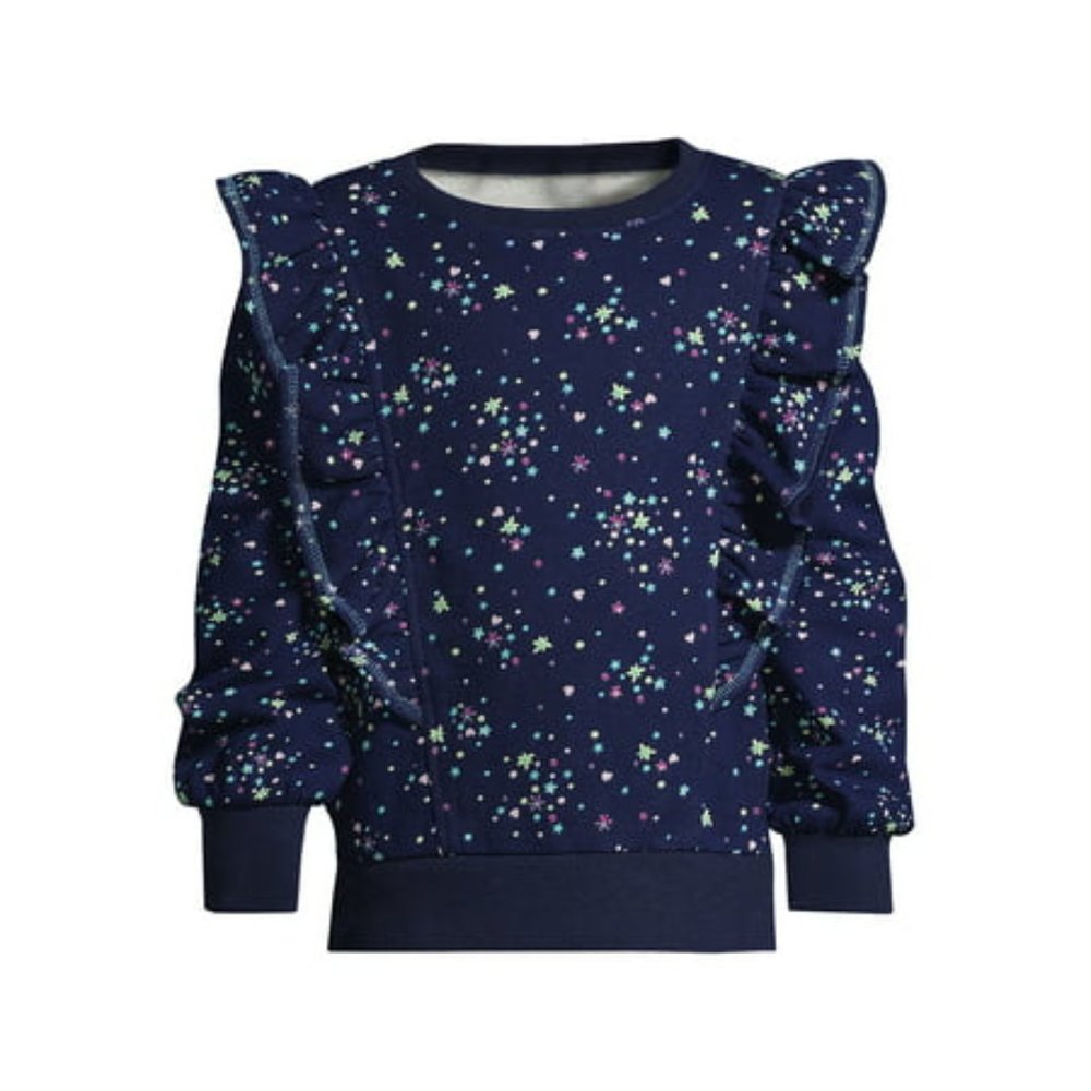 Lands End Girls Long Sleeve Ruffle Sweatshirt Top - Large - Deep Sea Navy Whimsy